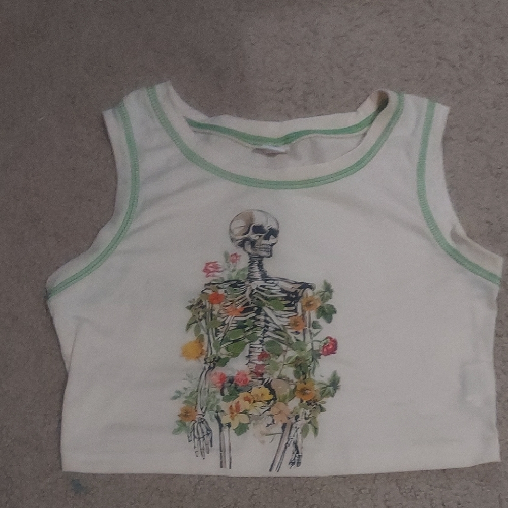 ROMWE Skeleton Floral Print Crop Top - Cream